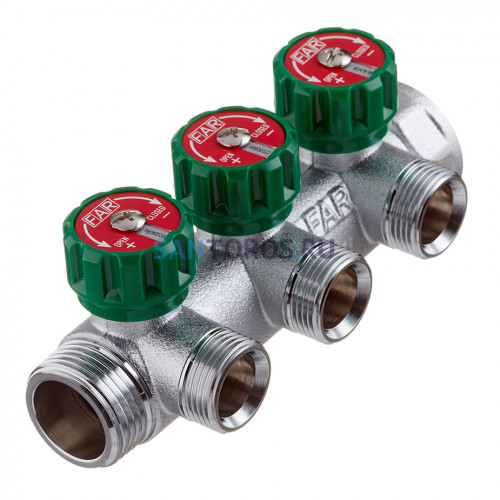 Коллектор Far (FK 3822 134) 1 ВР(г) х 3 выхода 3/4 НР(ш) ЕК х 1 НР(ш) регулируeмый FK 3822 134